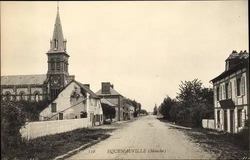 Ak Équemauville Calvados, Straßenpartie, Kirche