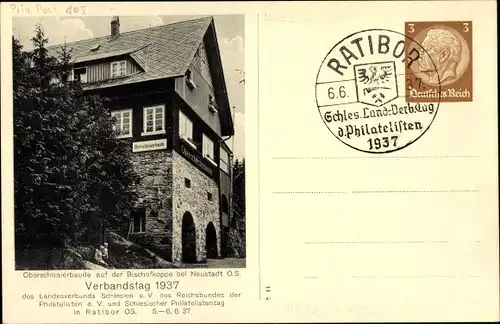 Ganzsachen Ak Prudnik Neustadt Oberschles., Oberschlesierbaude Bischoffskoppe, Philatelistentag 1937