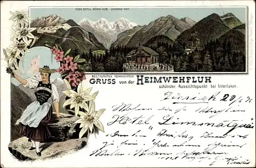 Litho Interlaken Kanton Bern Schweiz, Restauration Heimwehfluh, Frau in typischer Tracht