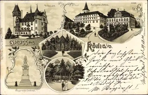Litho Bad König im Odenwald Hessen, Villa Lien, Marktplatz, Schloss, Weyprecht-Denkmal