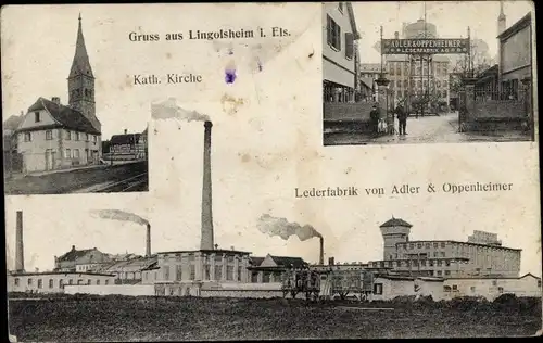 Ak Lingolsheim Elsass Bas Rhin, Kath. Kirche, Lederfabrik Adler & Oppenheimer