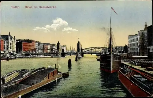 Ak Szczecin Stettin Pommern, Hafen mit Hansabrücke