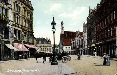 Ak Zwickau Sachsen, Hauptmarkt, Kutschen, Geschäfte
