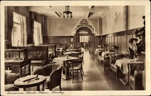 Ak Nürnberg in Mittelfranken Bayern, Sterntor Hospiz, Tafelhofstraße 8, Innenansicht, Lesezimmer