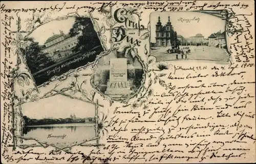 Ak Duchcov Dux Region Aussig, Ringplatz, Denkmal, Seeansicht, Schloss