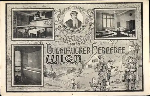 Ak Wien 5. Margareten Österreich, Buchdrucker Herberge, Storkgasse 15, Innenansicht
