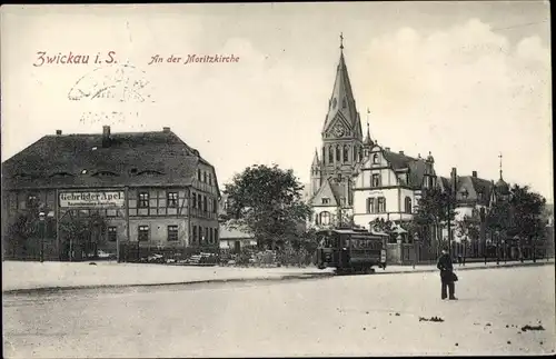 Ak Zwickau in Sachsen, Partie an der Moritzkirche, Handlung Gebrüder Apel, Straßenbahn