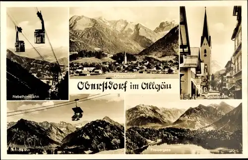 Ak Oberstdorf im Oberallgäu, Kirchstraße, Nebelhornbahn, Freibergsee, Sessellift, Totalansicht