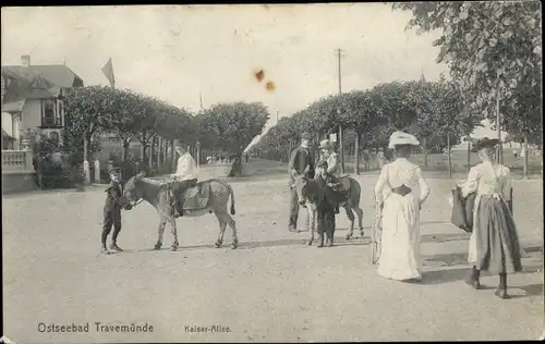 Ak Ostseebad Travemünde Lübeck, Kaiser Allee, Kinder auf Eseln