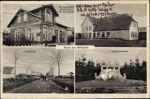 Ak Wittbek in Nordfriesland, Geschäftshaus, Meierei, Dorfstraße, Kriegerdenkmal