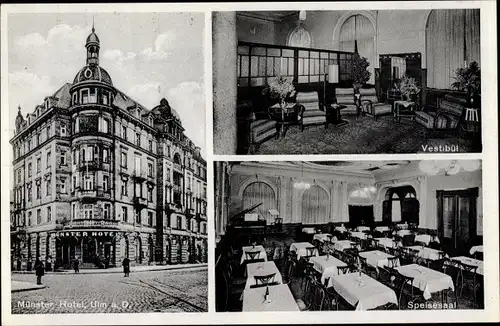 Ak Ulm an der Donau Baden Württemberg, Münster Hotel, Vestibül, Speisesaal
