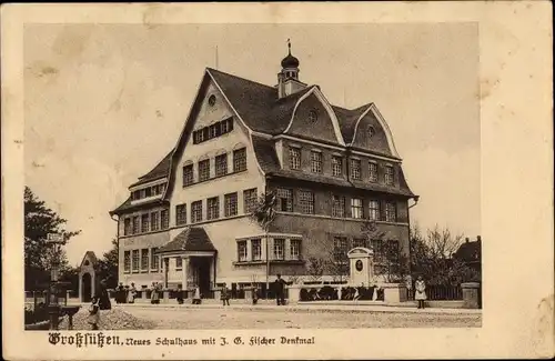 Ak Großsüßen Süßen an der Fils Württemberg, Neues Schulhaus, Denkmal J. G. Fischer