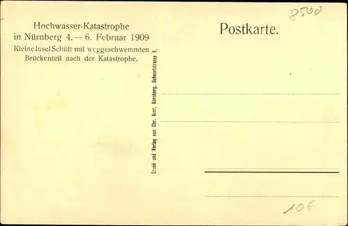 Ak Nürnberg, Hochwasser 1909, Kleine Insel Schütt mit weggeschwemmten Brückenteil