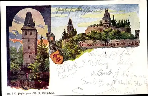 Litho Nieder Beerbach Mühltal im Odenwald, Burg Frankenstein, Turm