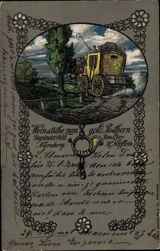 Litho Nürnberg in Mittelfranken, Weinstube zum gold. Posthorn, Postkutsche