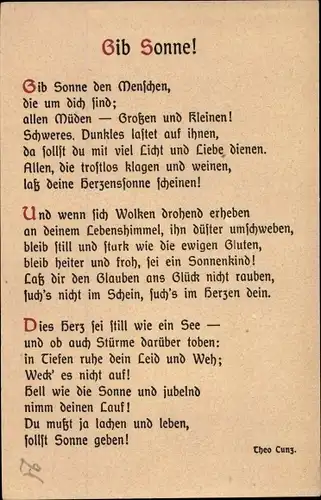 Ak Gedicht von Theo Cunz, Gib Sonne!