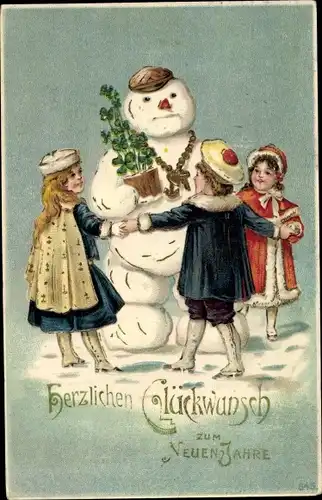 Ak Glückwunsch Neujahr, Schneemann, Kleeblätter, Kinder