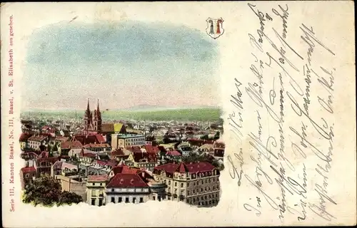 Ak Bâle Basel Stadt Schweiz, Blick v. St. Elisabeth, Brandt's Schweizer Pillen
