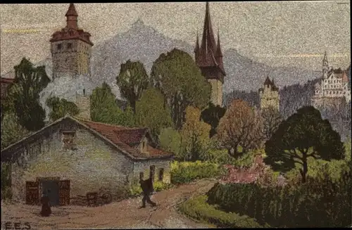 Künstler Litho Schlatter, E., Luzern Stadt Schweiz, Museggtürme mit Gütsch, Pilatus