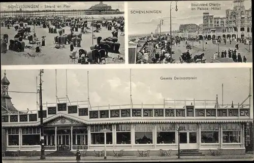 Ak Scheveningen Den Haag Südholland, Strand en Pier, Boulevard Oranje en Palace Hotel