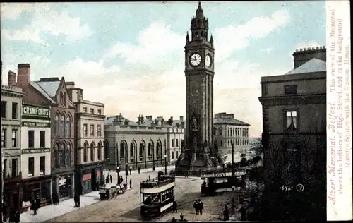 Ak Belfast Nordirland, Albert Memorial, High Street, Queen's Square, Custom House, trams
