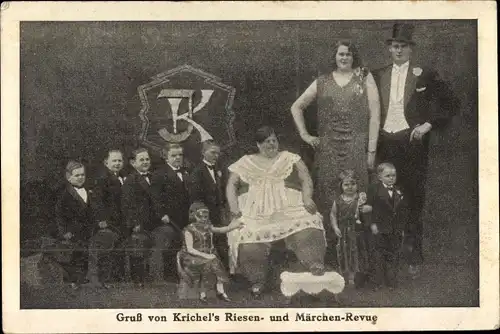 Ak Gruß von Krichel's Riesen und Märchenrevue, Liliputaner, Riesen, dicke Frau