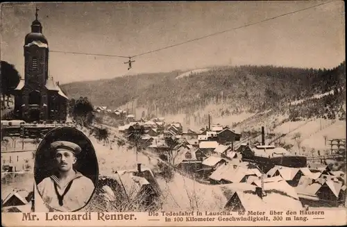 Ak Lauscha in Thüringen, Hochseilartist über dem Ort, Portrait Leonardi Renner