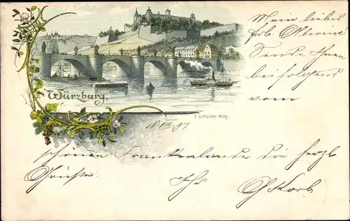 Litho Würzburg am Main Unterfranken, Blick auf den Ort, Brücke