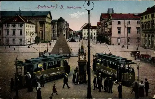 Ak Karlsruhe in Baden Württemberg, Marktplatz, Straßenbahn 68