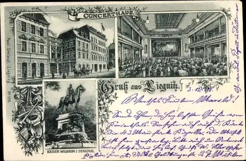 Ak Legnica Liegnitz Schlesien, Konzerthaus, Innenansicht, Kaiser Wilhelm I Denkmal