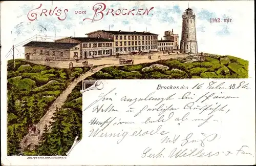 Litho Brocken Nationalpark Harz, Aussichtsturm, Brockenhotel