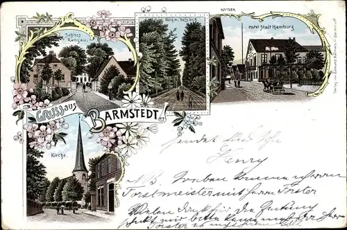 Litho Barmstedt in Holstein, Hotel Stadt Hamburg, Kirche, Schloss Ranzau