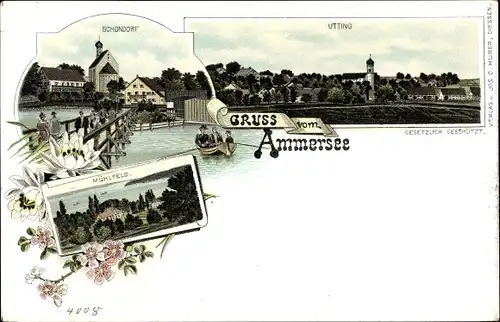 Litho Utting am Ammersee Oberbayern, Schondorf, Mühlfeld, Kirche