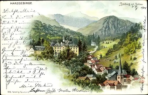 Litho Stolberg Südharz, Blick auf den Ort mit Schloss