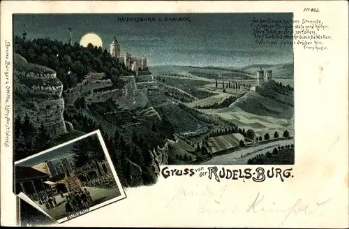 Mondschein Litho Saaleck Bad Kösen Naumburg an der Saale, Blick auf die Rudelsburg mit Burghof