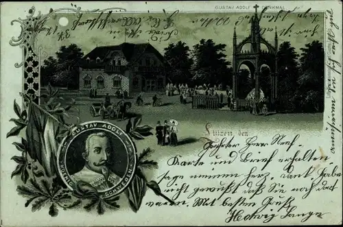 Mondschein Litho Lützen im Burgenlandkreis, Gustav Adolf von Schweden, Denkmal
