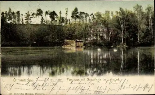 Ak Crimmitschau in Sachsen, Forsthaus mit Gondelteich im Sahnpark