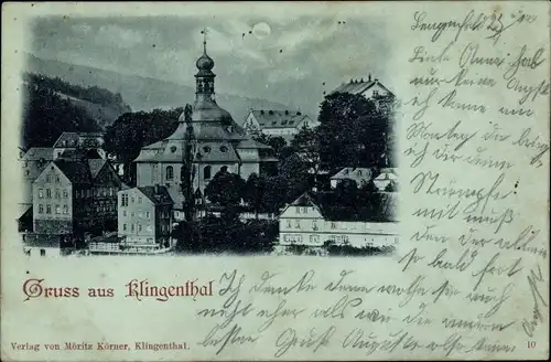 Mondschein Ak Klingenthal im Vogtland Sachsen, Blick auf den Ort