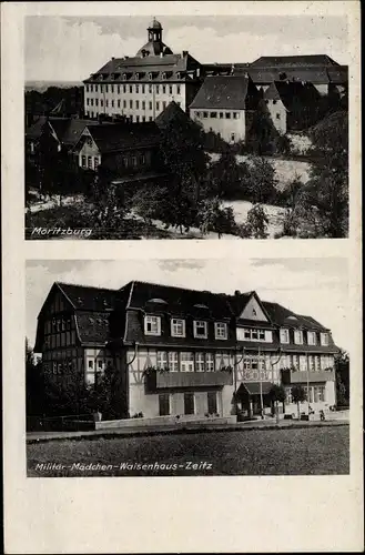 Ak Zeitz an der Weißen Elster im Burgenlandkreis, Blick zur Moritzburg, Militär Mädchen Waisenhaus