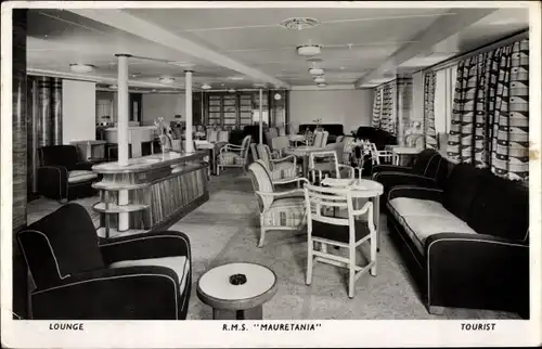 Ak Dampfschiff RMS Mauretania, Tourist Lounge, Innenansicht, Cunard Line