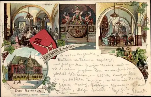 Litho Hansestadt Bremen, Ratskeller, Echosaal, Große Halle, Rathaus, Wappen