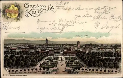 Litho Karlsruhe in Baden Württemberg, Totalansicht der Stadt, Parkanlage, Denkmal