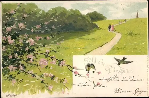 Künstler Litho Mailick, Glückwunsch Pfingsten, Landschaft, Paar, Vögel