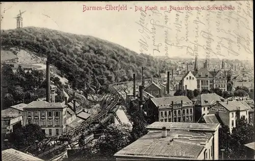 Ak Barmen Wuppertal in Nordrhein Westfalen, Die Hardt mit Bismarckturm und Schwebebahn