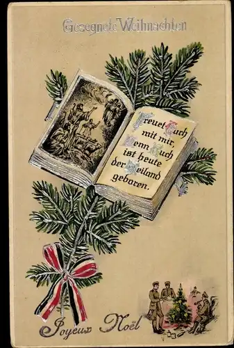 Präge Litho Glückwunsch Weihnachten, Soldaten am Tannenbaum, Bibel
