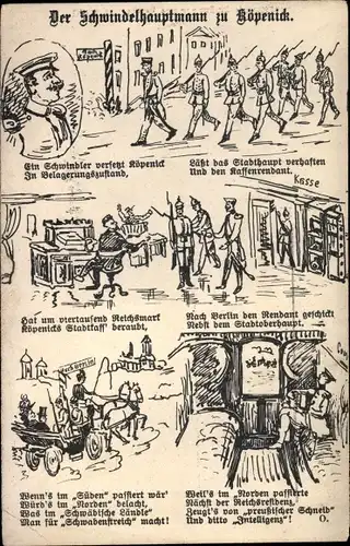 Künstler Ak Berlin Köpenick, Der Hauptmann zu Köpenick, Schwindelhauptmann