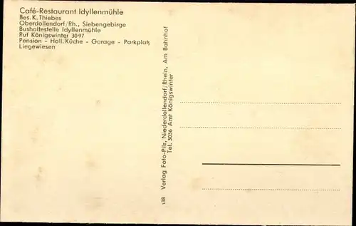 Ak Oberdollendorf Königswinter am Rhein, Gasthof Idyllenmühle