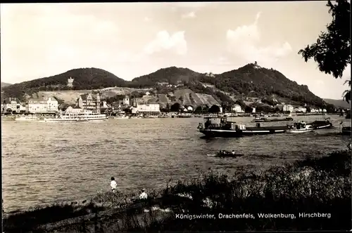 Ak Königswinter am Rhein, Drachenfels, Wolkenburg, Hirschberg, Frachter