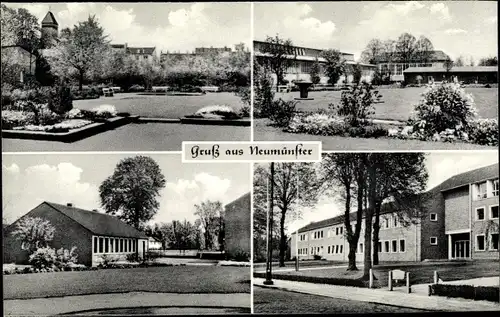 Ak Neumünster, bei der Textilfachschule, Garten mit Bänken und Brunnen, Häuser