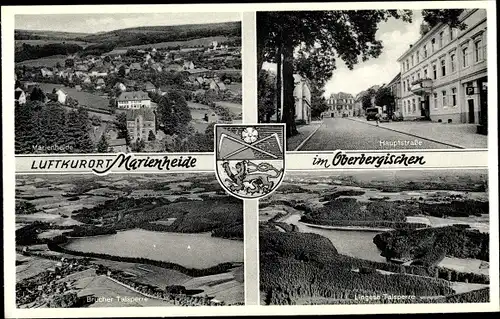 Ak Marienheide Oberbergischer Kreis, Hauptstraße, Brucher Talsperre, Blick auf den Ort, Wappen